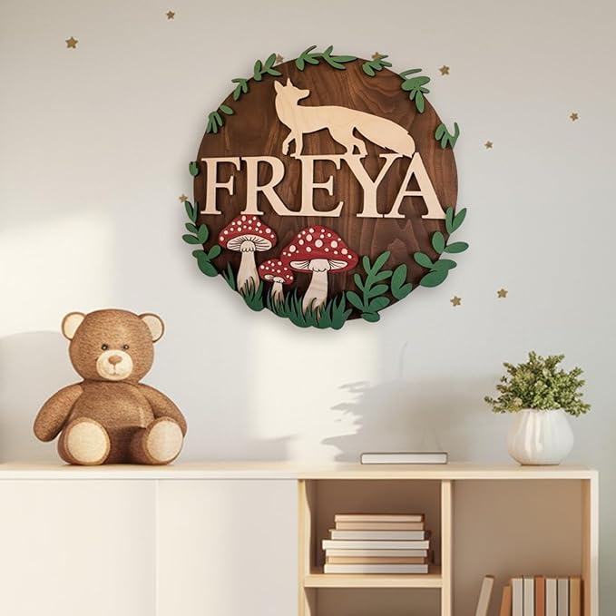 Personalized Nursery Sign, Animals Wooden Sign with Name, Hello World Newborn Sign, Fox Sign for Kid Room Decor, Baby Gifts for Boy, Custom Baby Name Sign, Baby Boy Wall Art Bedroom