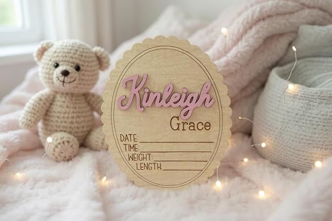 Personalized 3D Baby Name Sign with Floral Design, Scallop Engraved Birth Announcement Plaque, Baby Shower - Newborn Keepsake (Stat Sign)