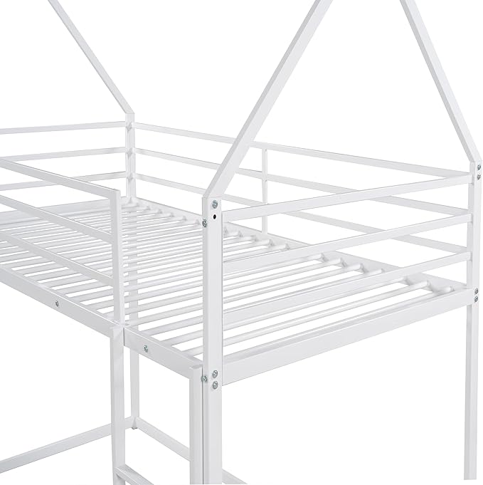 MERITLINE Metal Bunk Bed Twin Over Twin Size House Shaped Bunk Bed Frame Low Bunk Beds for Kids and Toddlers, Twin Size