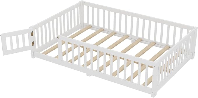 Bellemave Full Size Floor Bed with Slats and Safety Guardrail, Full Size Montessori Floor Bed with Fence and Door, Easy Assemble Montessori Beds for Kids, Girls, Boys, White