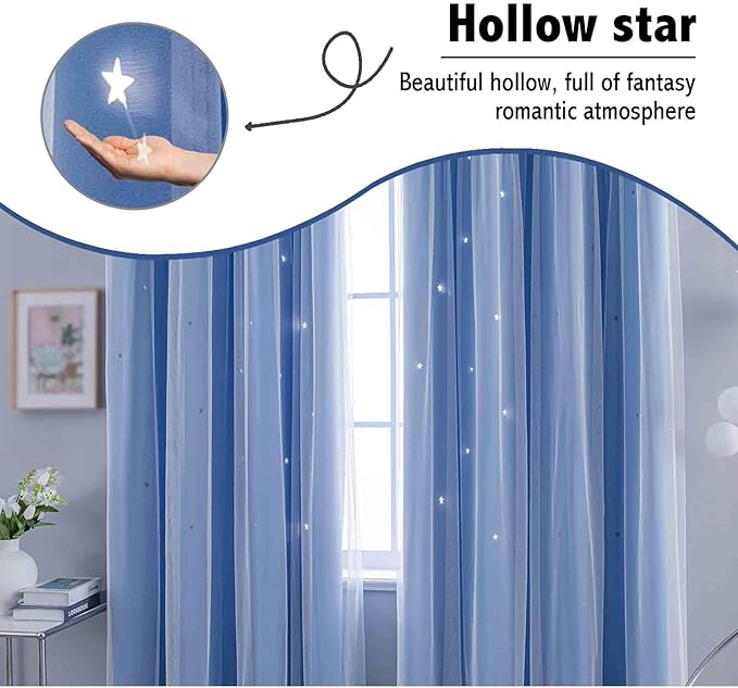 Anytime Girls Curtains for Bedroom Star Hollow Out Blackout Curtains for Kids Room Decor Double Layer Star Cut Out Window Curtains (2 Panel,W52 x L84,Blue)