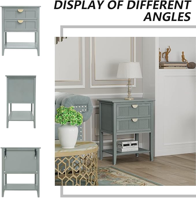 PElHONGET Nightstand with 2 Drawers, End Table Mid Century Modern Side Table with Shelf Storage, Bed Night Stand with Metal Handles Wood Accent Table for Bedroom, Living Room(Olive Green)