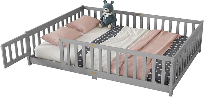 Full Size Floor Bed for Kids, Wood Montessori Floor Beds with Fence Railings, Door & Slats Support, Full Playhouse Bed Frame for Boys Girls, No Box Spring Needed, Gray