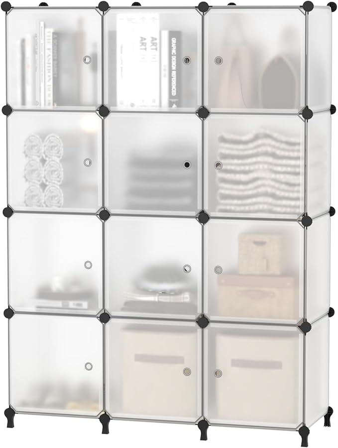 AWTATOS 12 Cube Storage Organizer with Doors, DIY Plastic Closet Shelf, Modular Bookshelf, Stackable Shelving Rack for Bedroom, Living Room, Translucent ULPZ011