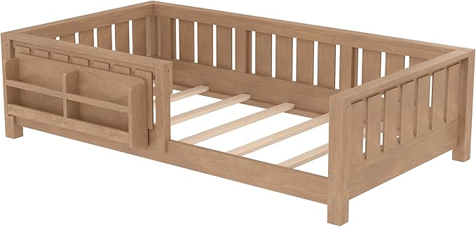 Bellemave Twin Floor Bed with Slats and Safety Guardrail, Twin Size Montessori Floor Bed with Fence and Built-in Bookshelf, Easy Assemble Montessori Beds for Kids, Girls, Boys, Natural