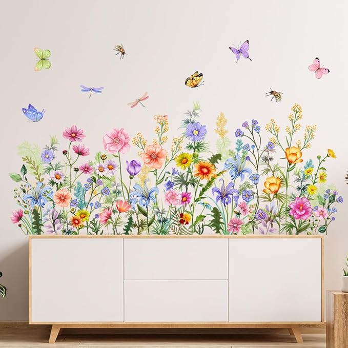 Colorful Floral Wall Decals Wildflowers Flower Wall Stickers Butterfly Green Plant Wall Mural Peel and Stick Flowers Wall Decor DIY Removable Wall Art for Girls Bedroom Nursery