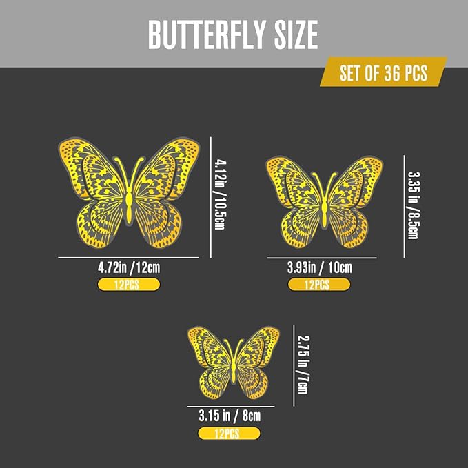 36PCS Butterfly Wall Decals - Gold Butterfly Stickers Mural Wall Decor Home Decor Kids Room Bedroom Decor Living Room Decor, Removable Reusable Stickers
