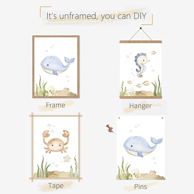Wodkwq Nursery Wall Art Sea Animal Canvas Prints Baby Girl Boy Room Decor Watercolor Paintings Pictures Cute Ocean Theme Toddler Room Decoration Set of 3 for Kids Bedroom Bathroom 16x24in Unframed