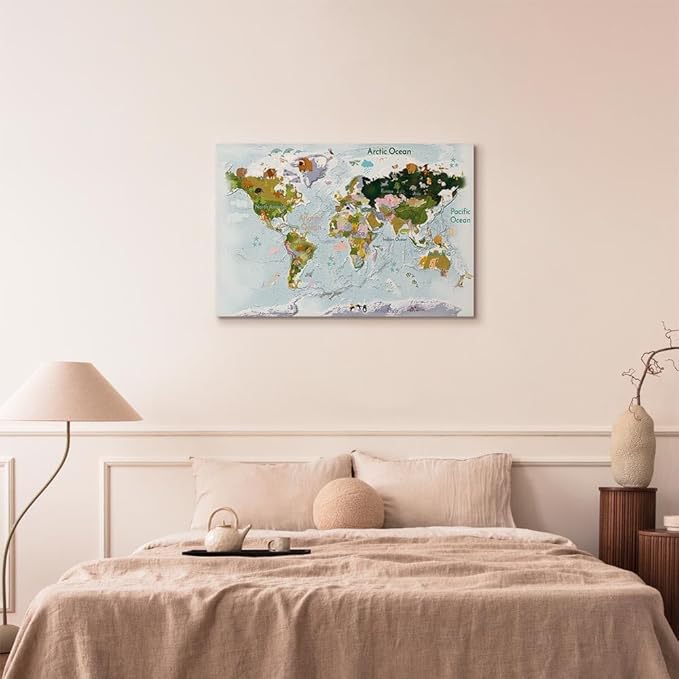 artgeist Canvas Wall Art World Map for Children 35x24 in - 1pcs Home Decor Framed Stretched Picture Photo Painting Artwork Image - Animals Continents World Map k-A-0508-b-a
