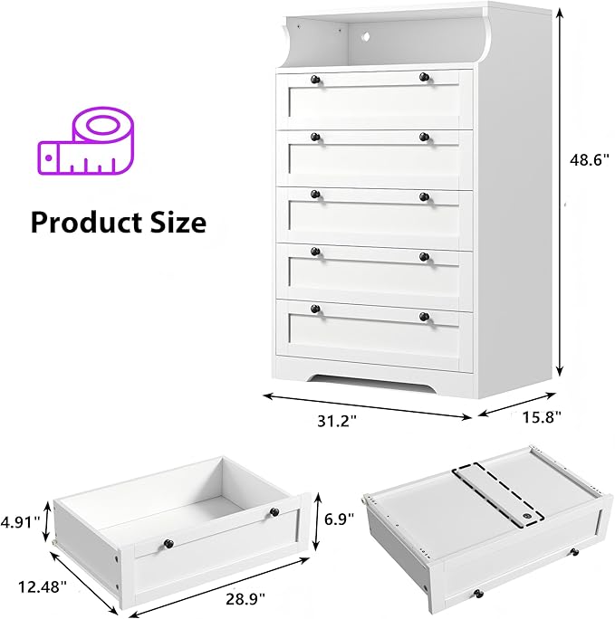 EnHomee White Dresser with LED Light, Tall Dresser for Bedroom, 5 Drawers & 1 Shelves for Bedroom, Home Office