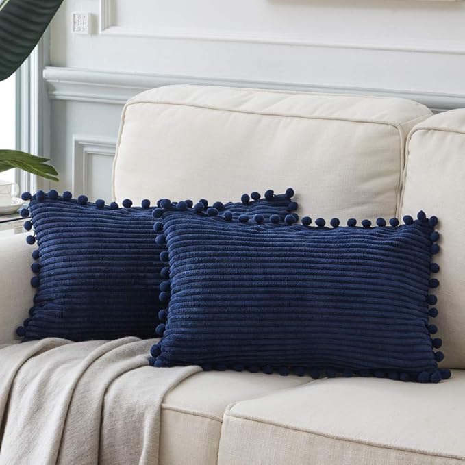 Fancy Homi 2 Pack Navy Blue Lumbar Decorative Throw Pillow Covers 14x24 Inch with Pom-poms for Couch Bedroom Sofa, Farmhouse Boho Home Decor, Soft Corduroy Solid Rectangle Cushion Case 35x60 cm