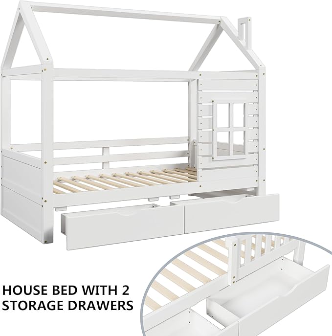 Twin Size Kids House Bed with 2 Storage Drawers, Twin House Bed Frame with Roof and Window, Twin Bed Frames for Kids with Slats, Modern Wooden Montessori Bed for Bedroom, White