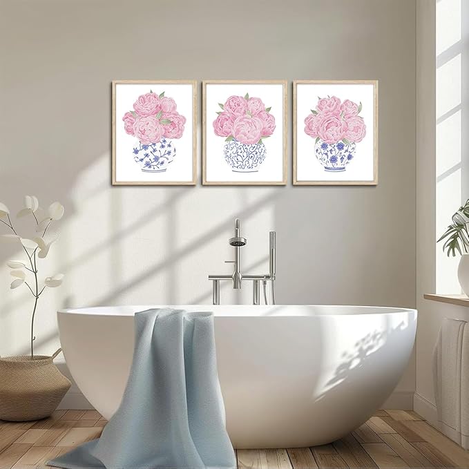CHMMART 3 Piece Pink Floral Framed Wall Art Blue and White Chinoiserie Flower Canvas Art Prints Peony Pictures Wall Decor Painting Artwork for Living Room Bedroom Bathroom 12x16in