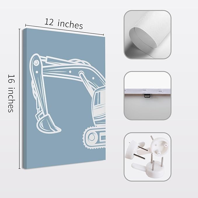 Shwing Framed Toddler Boys Room Decor - Construction Truck Wall Art Set, 12"x16" 3Pcs Set