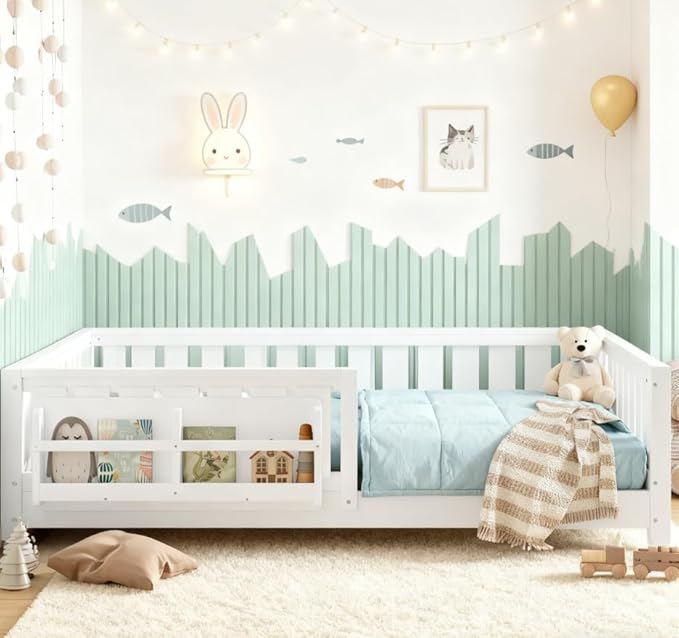 Bellemave Full Size Floor Bed with high Rails and with Built-in Bookshelf for Kids, Girls, Boys, Wood Montessori Floor Bed Without Door, White