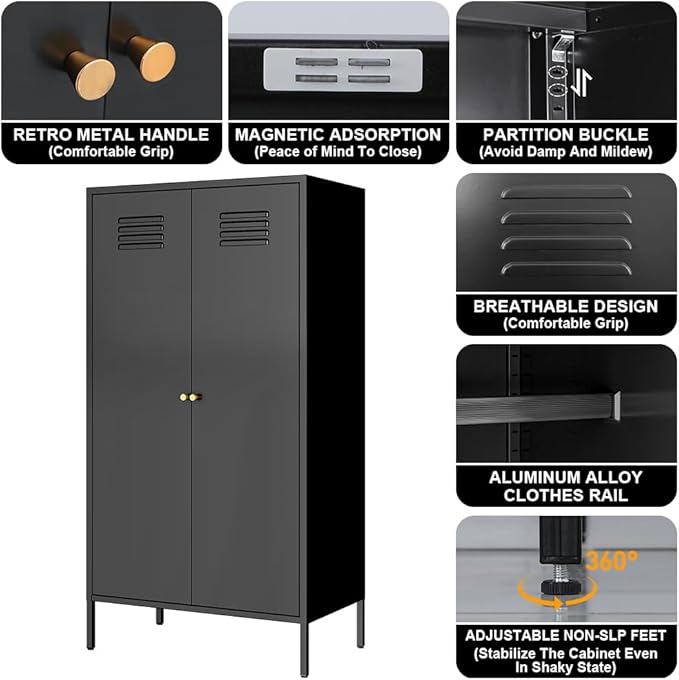 2 Door Metal Wardrobe,Storage Cabinet with Hanging Rod and 2 Freely Adjustable Shelves，Kids Tall Metal Armoire Closet for Kids Bedroom, Laundry Room,Home Bedroom(Steel Wardrobe, Black)