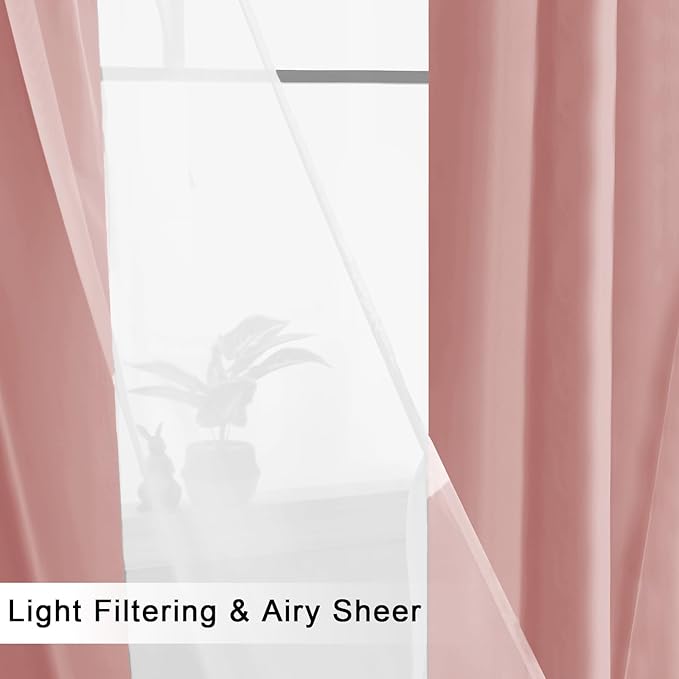 Hiasan Mix & Match Blackout Curtains with Sheer Overlay, Double Layer Thermal Insulated Privacy Grommet Window Curtains for Girls Bedroom,Living Room,2 Drape Panels with Tiebacks,Dusty Rose,52W X 96L