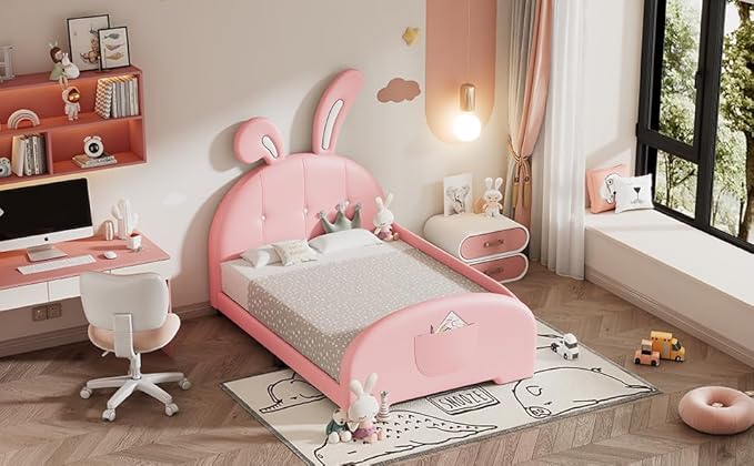 Harper & Bright Designs Twin Size Upholstered Rabbit Shape Princess Bed Frame for Boys Girls Kids Adults Toddler, Twin Size Platform Bed with Headboard and Footboard,Pink