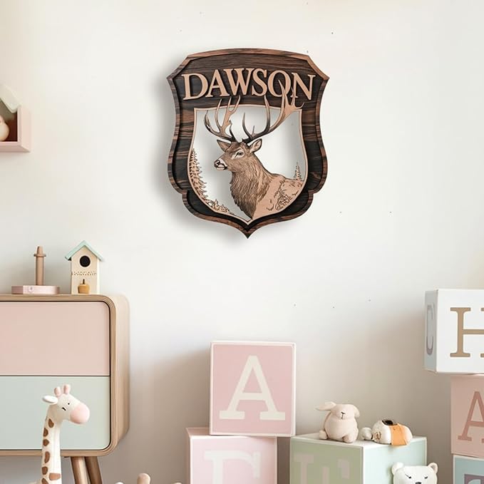 Personalized Nursery Sign, Animals Wooden Sign with Name, Hello World Newborn Sign, Deer Sign for Kid Room Decor, Baby Gifts for Boy, Custom Baby Name Sign, Baby Boy Wall Art Bedroom