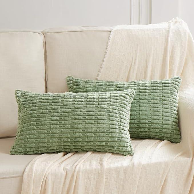 Fancy Homi 2 Packs Sage Green Lumbar Decorative Throw Pillow Covers 14x24 Inch for Living Room Couch Bed Sofa, Rustic Farmhouse Boho Home Decor, Soft Striped Corduroy Rectangle Cushion Case 35x60 cm