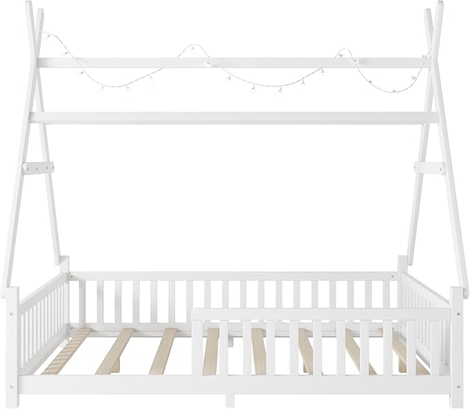 Full House Bed with Roof & LED Light, Low Profile House Bed with Fence, Safe Guardrails, DIY-Friendly for Boys & Girls, Solid Wood & MDF Construction, No Box Spring Required, White