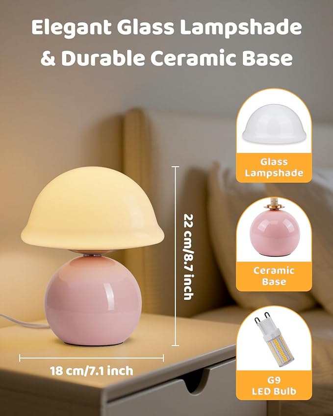 Mushroom Lamp for Bedroom, Cute Small Bedside Table Lamp with Glass Lampshade, Dimmable Nightstand Lamp Mid Century Modern Lamp for Home Living Room Decor (Pink)