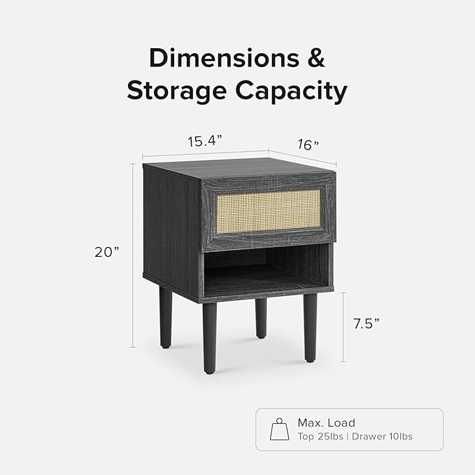 mopio Haylee Rattan Side Table, Small Accent Tables for Living Room, Mid Century Modern Night Stand, Bedside Tables, Wood Nightstands for Bedroom (Black, Single)