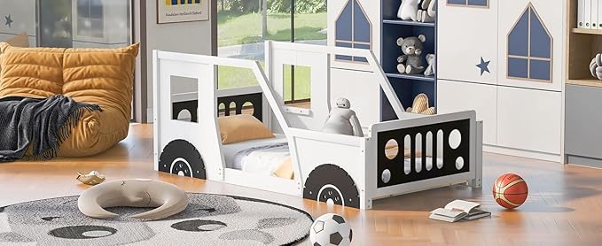 Twin Size Classic Car-Shaped Platform Bed Frame for Boys Girls Kids Toddler with Wheels,White