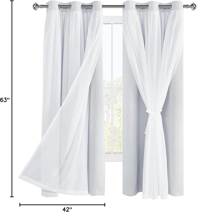 Hiasan Greyish White Blackout Curtains with Sheer Overlay, Grommet Thermal Insulated Mix & Match Double Layer Window Curtains for Girls Bedroom, Living Room, 2 Panels Sewn with Tiebacks, 42W X 63L