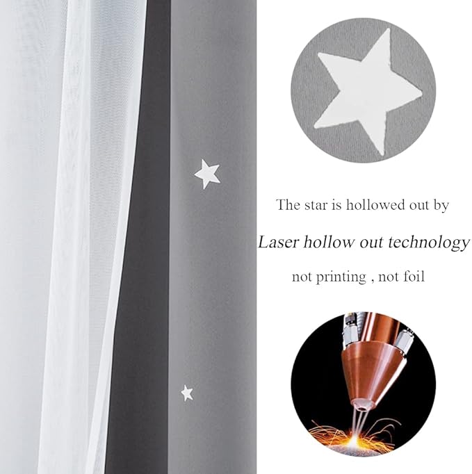 Kinryb Blackout Curtains for Girl Bedroom/Living Room/Classroom, Sheer Overlay Small 2 Panel Set, Double Layer Curtains with Star Cutout for Kids Room(W 52 x L 45 Inches,Silver Grey 2 Pcs)