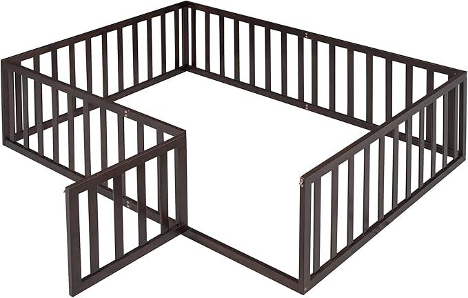 Merax Full Floor Bed with Safety Guardrails and Door, Wood Montessori Floor Bed Frame for Kids, Full Playhouse Bed Frame for Baby Girls and Boys, Walnut