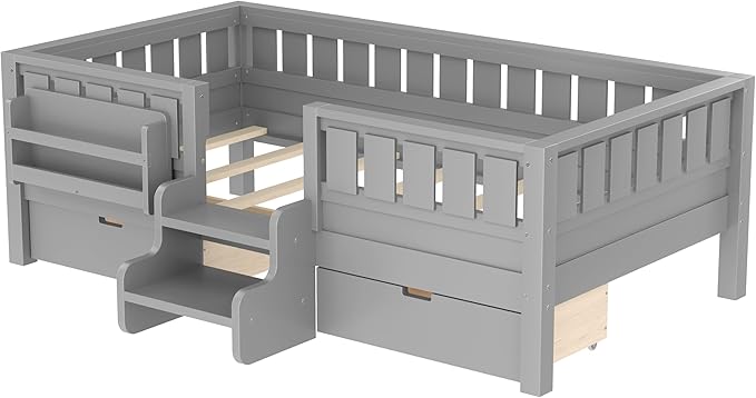 Bellemave Twin Size Kids Bed with high Rails and with Built-in Bookshelf and Drawers for Kids, Girls, Boys, Wood Montessori Bed Without Door, Gray