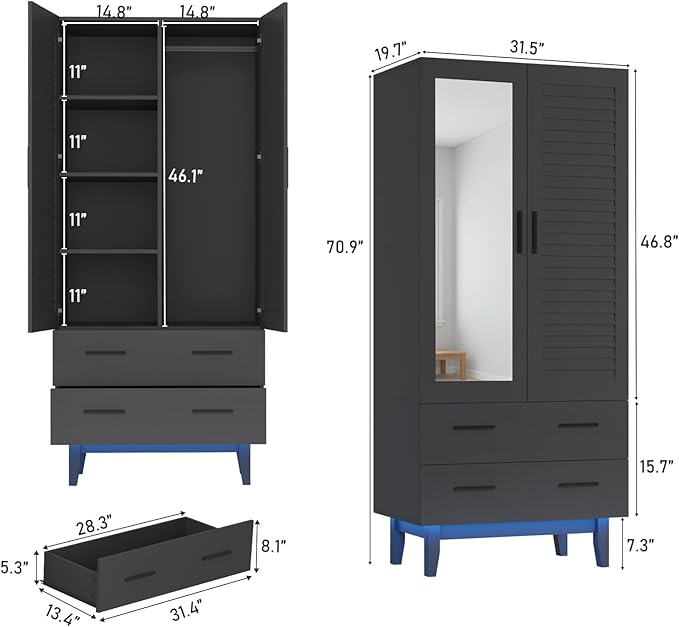 2 Door Armoire Wardrobe Closet Cabinet with Mirror, Drawers and LED Lights, Multi-Tier Shelves, Hanging Rod & 2 Louver Doors, Large Capacity Storage Wardrobe Armoire for Bedroom, Black