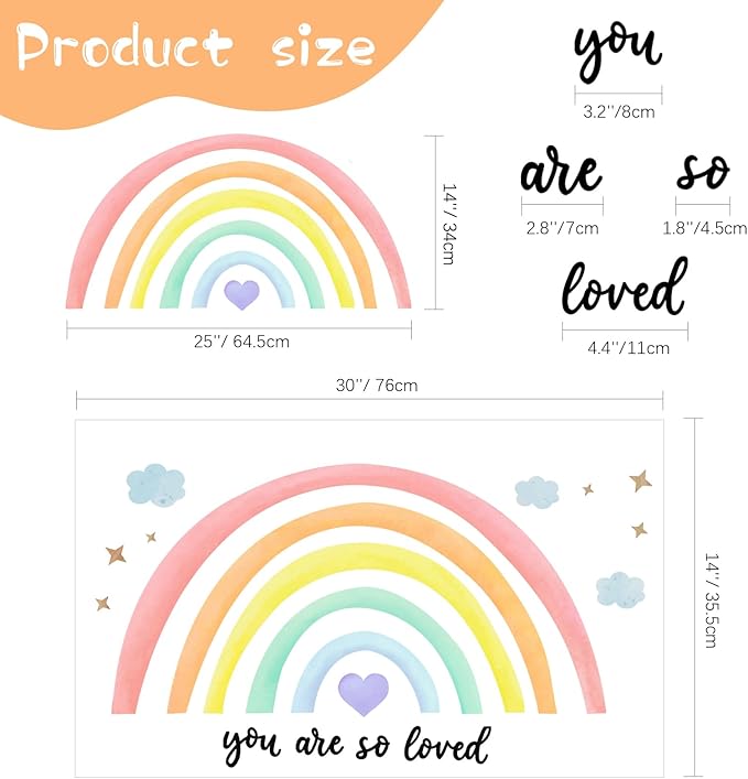 Containlol Rainbow Wall Decals, Playroom Wall Decor for Girl Room, Watercolor Peel and Stick Wallpaper, Boho Wallpaper 30 x 14 Inch Heart Art Stickers for Toddler Bedroom Nursery(Light Color,Lively)