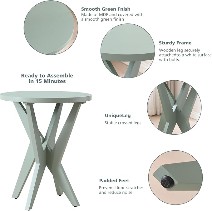 Modern Round End Table Set of 2 with Crossed Legs, Unique Small Green Side Table, Outdoor Accent Table, Easy Assembly Bedside Table for Living Room, Balcony, Small Spaces
