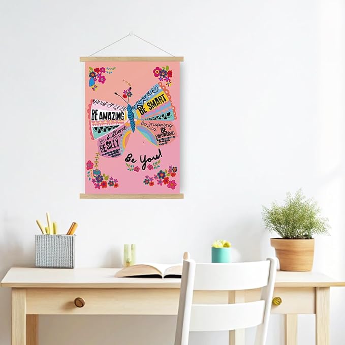 Qswo Inspirational Quotes Wall Decor for Women,Be Amazing Be You Pink Wall Art Poster Hanger Frame,Motivational Hanging Canvas Wall Decor for Girls Room Dorm Nursery