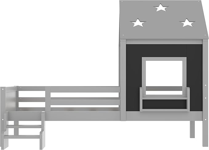 Bellemave Twin House Bed with Rails or guardrails and Bookcase, Wooden Twin House Shape Platform Bed for Boys, Girls, Teens, Gray