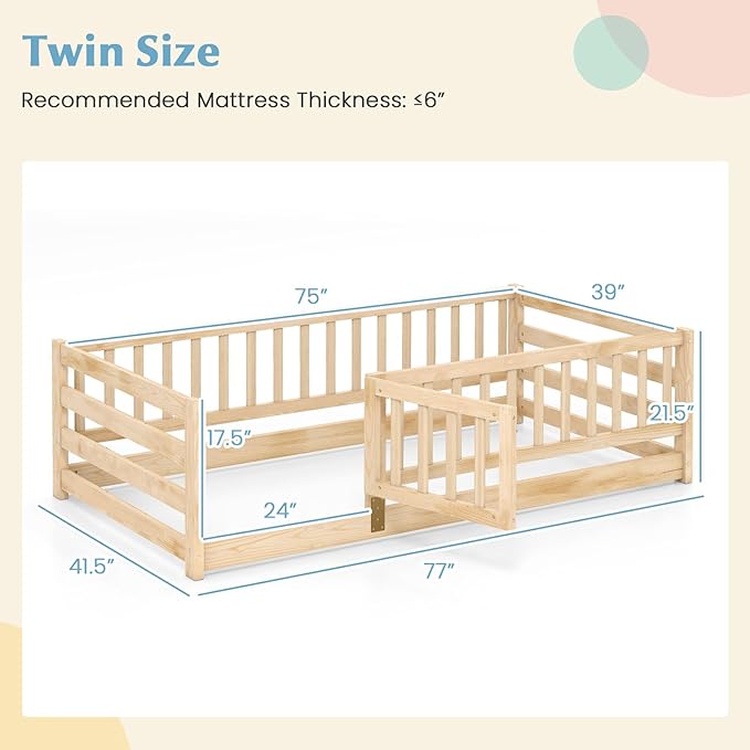Giantex Twin Floor Bed with High Fence & Door, Montessori Floor Bed with 21.5" Safety Guardrails, Solid Wood Twin Beds Frame for Kids Girls, Boys, Without Slats, Natural
