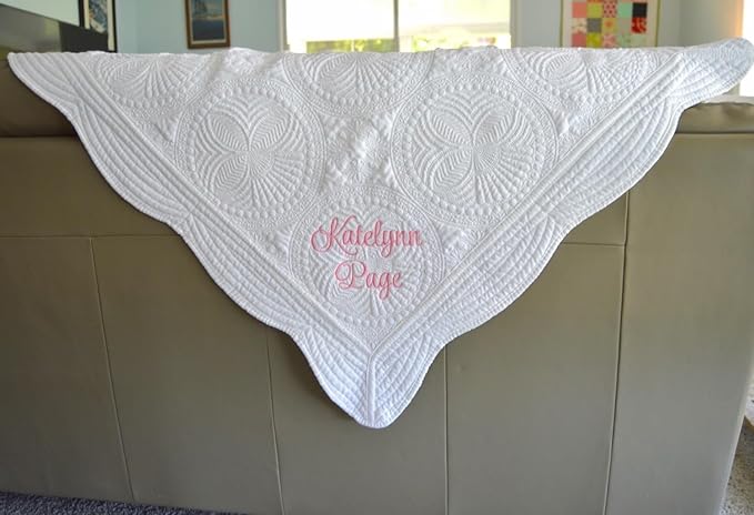 Personalized Baby Bed Blanket Quilt with Name Date Newborn Gift Girl Boy Crib Size White Custom Pink Blue White Embroidered Nursery
