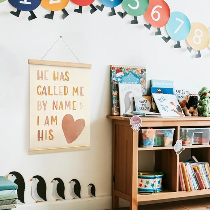 PLKMN Christian Nursery Wall Decor, He Has Called Me by Name Wall Art with Wooden Poster Hanger, Boho Heart Christian Wall Decor for Nursery Kids Room Sunday School Preschool Classroom, 12x16 Inch