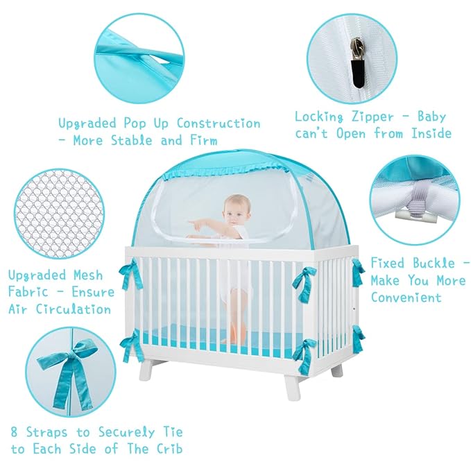 Baby Pop Up Tent, Toddler Safety Net to Keep Baby from Climbing Out, See-Through & Breathable Crib Canopy Against Falls & Bites, Fits Most Standard Cribs