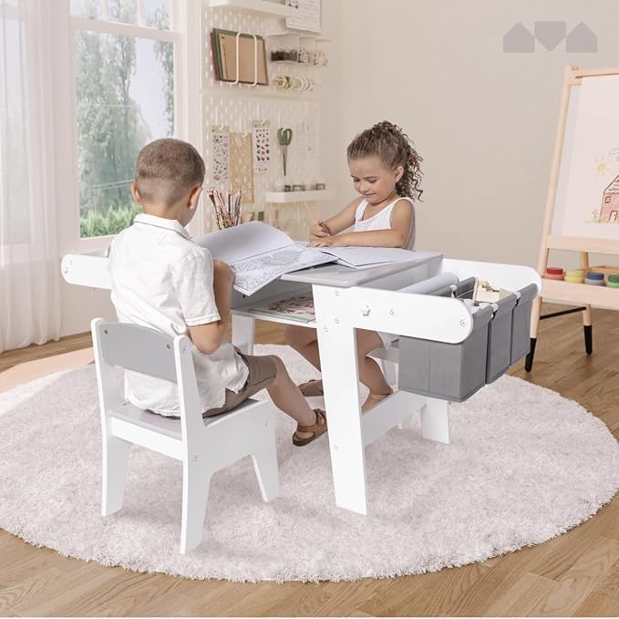 Milliard Kids Art Table Set with Chairs for Playroom, Toddler Craft and Play Wood Activity Table with Storage Bins and Paper Roll (Grey and White)
