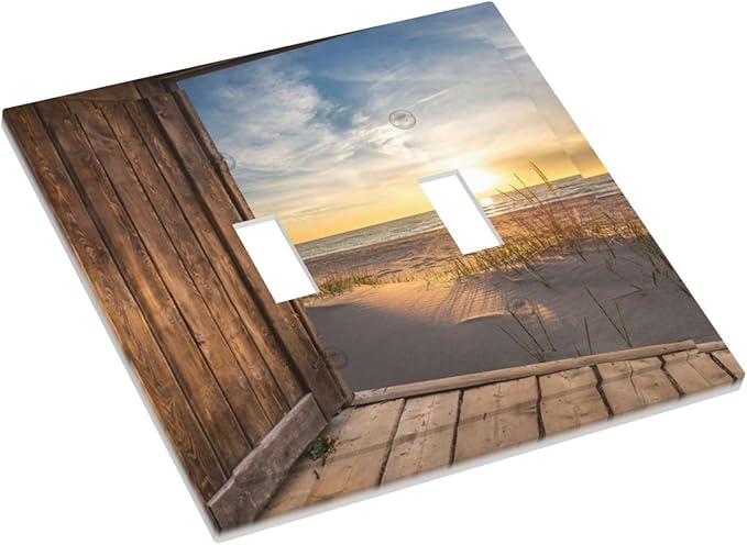 Sun Beach Grass Ocean Landscape 2 Gang Light Switch Plate Decorative Double Toggle Wall Plate Farmhouse Western Brown Barn Door Receptacle Switchplate Decorate for Home Living Room Bedroom