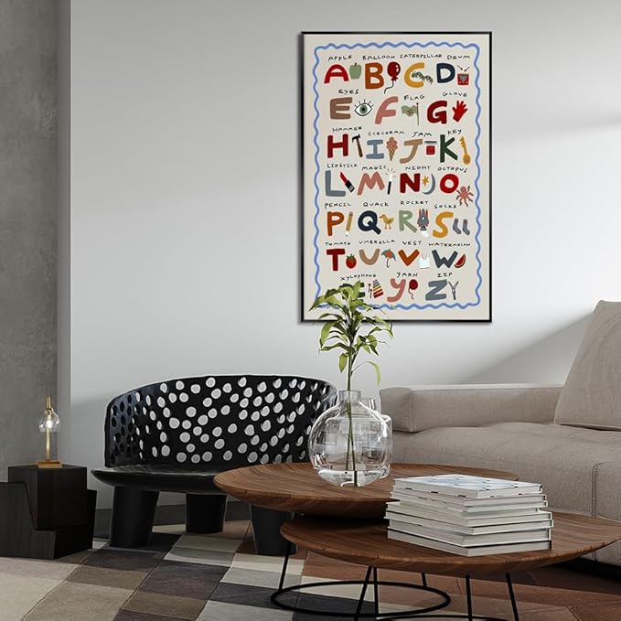 Cute First Illustration Alphabet Learning Canvas Print Posters Funny Nursery Wall Art Boho Kids Educational Abc Chart Colorful Decor Picture for Toddlers Classroom 20x30inch Metal Black Frame