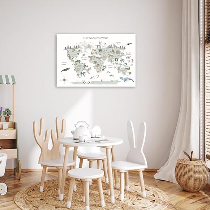 Educational Posters for Toddlers 1-3, Toddler Learning Poster for Kids Ages 3-5, World Map Canvas Print Nursery Preschool Homeschool Kindergarten Classroom Decor 12x18 Inch Framed C