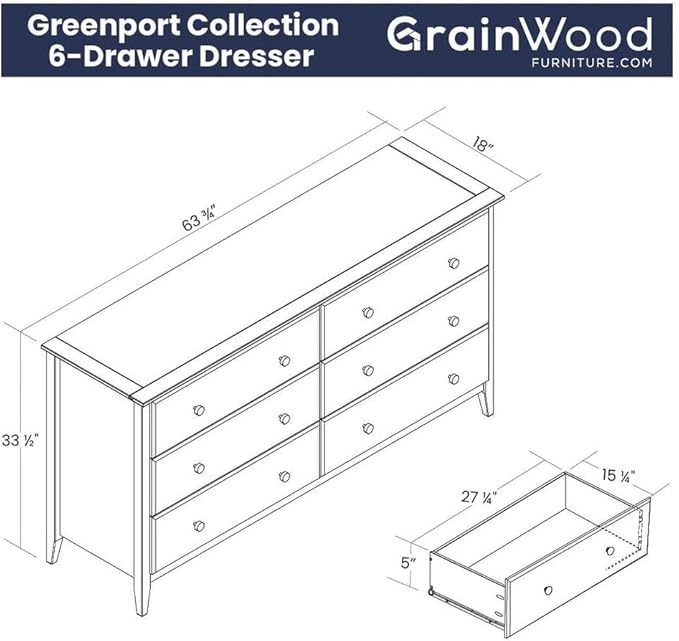 Grain Wood Furniture Greenport 6-Drawer Bedroom Dresser, Solid Wood with a Brushed Grey Finish