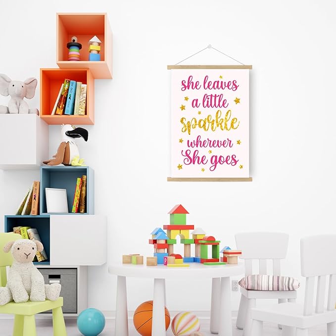 Qswo Inspirational Quotes Wall Decor for Women,She Leaves A Little Sparkle Wherever She Goes Wall Art Poster Hanger Frame,Motivational Hanging Canvas Wall Decor for Girl Room Dorm Home Office