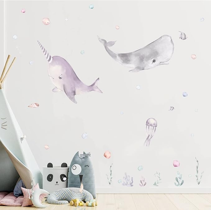 Whale Wall Dcals Peel and Stick for Kids Whale Removable Wall Stickers with Sea Life, Vinyl Ocean Wall Stickers for Bedroom Bathroom Nursery