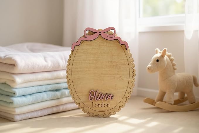 Personalized Baby Announcement Footprint Sign, Oval Scalloped Plaque – Newborn Photo Prop & Nursery Keepsake (Footprint Sign)