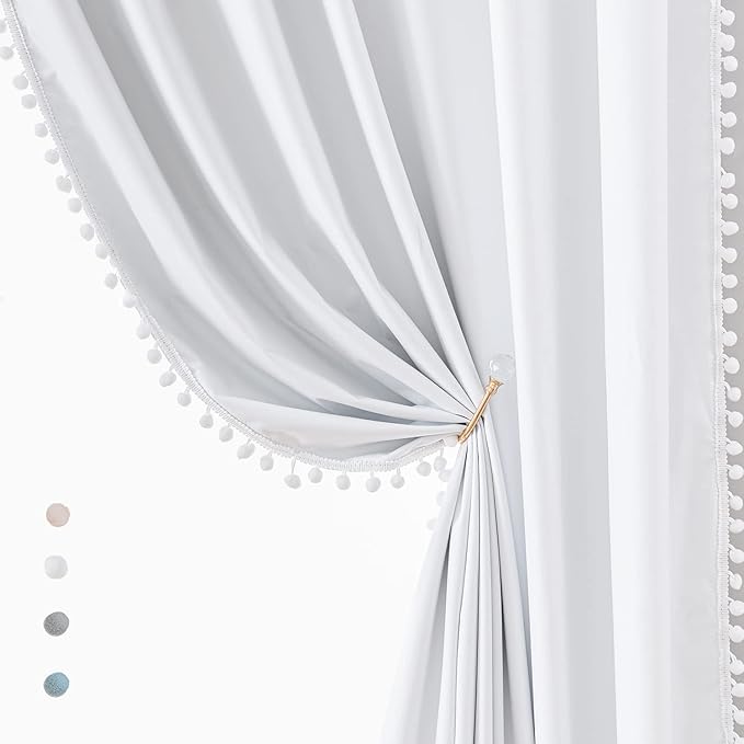Treatmentex White Blackout Curtains for Living Room 95 inch Energy Saving Window Curtains Pom Pom Thermal Curtains Triple Weave Nursery Girl's Room Curtains 52" W Rod Pocket 1 Pair